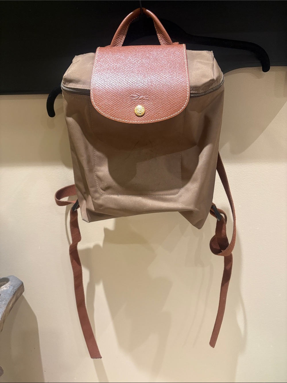 Longchamp army green Backpack with Tan Leather Flap